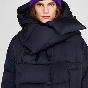 Zara Navy Puffer Coat with Detachable Scarf.